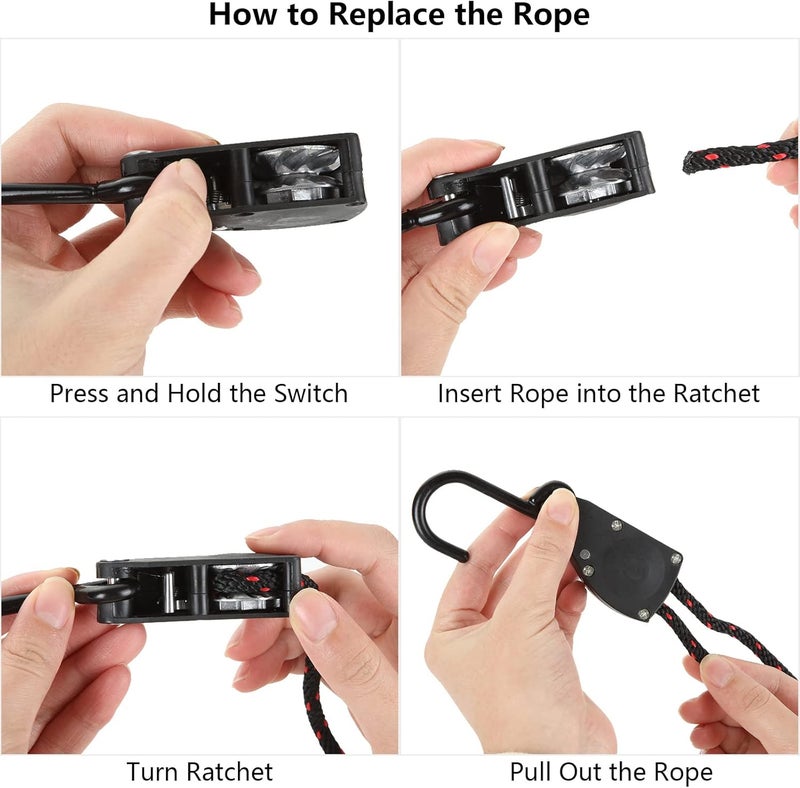 DIRBUY 4 pcs Kayak Rope Tie Downs - 1/4 inch x 12ft Kayak Ratchet Bow and Stern Tie Down - Heavy Duty Adjustable Rope Clip Tie Down for Outdoor Adventures - Image 3